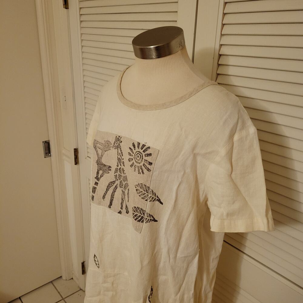 Boho Linen Maxi Dress Giraffe Print Blue Cactus XL Short Sleeve Pockets - Picture 2 of 8
